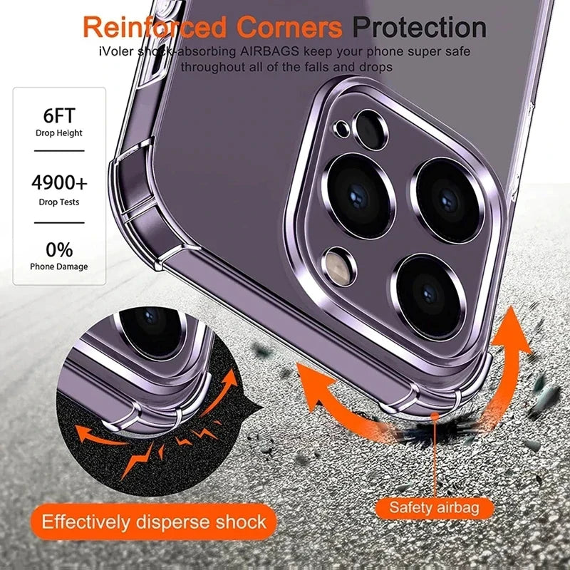 Shockproof Silicone Clear Phone Case for iPhone 13 11 14 Pro Max 12 Mini Lens Protection Back Case for IPhone 15 16 PRO XS MAX X
