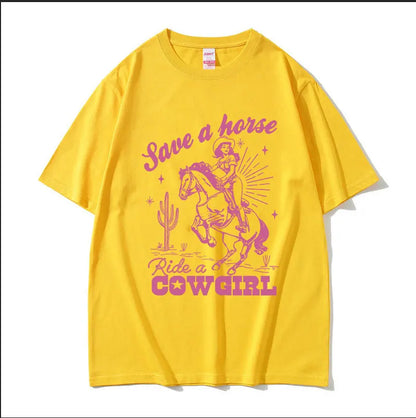 T-shirt décontracté unisexe en coton imprimé "Save A Horse Ride A Cowgirl", style rétro esthétique, Streetwear mode