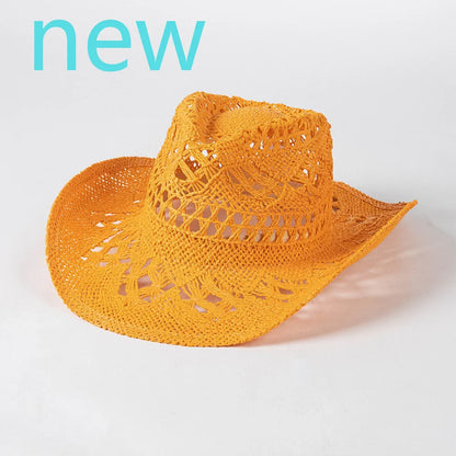 Chapeau de paille de cowboy vert matcha, tissé à la main, creux, pour hommes et femmes, chapeau de soleil d'été, chapeau de paille de cowboy occidental