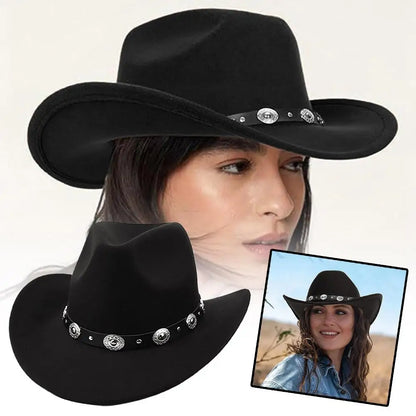 Chapeau de cowboy occidental classique noir confortable, à bord retroussé, avec boucle de ceinture, pour femme, Fedora, Sombrero, Jazz, Cowboy