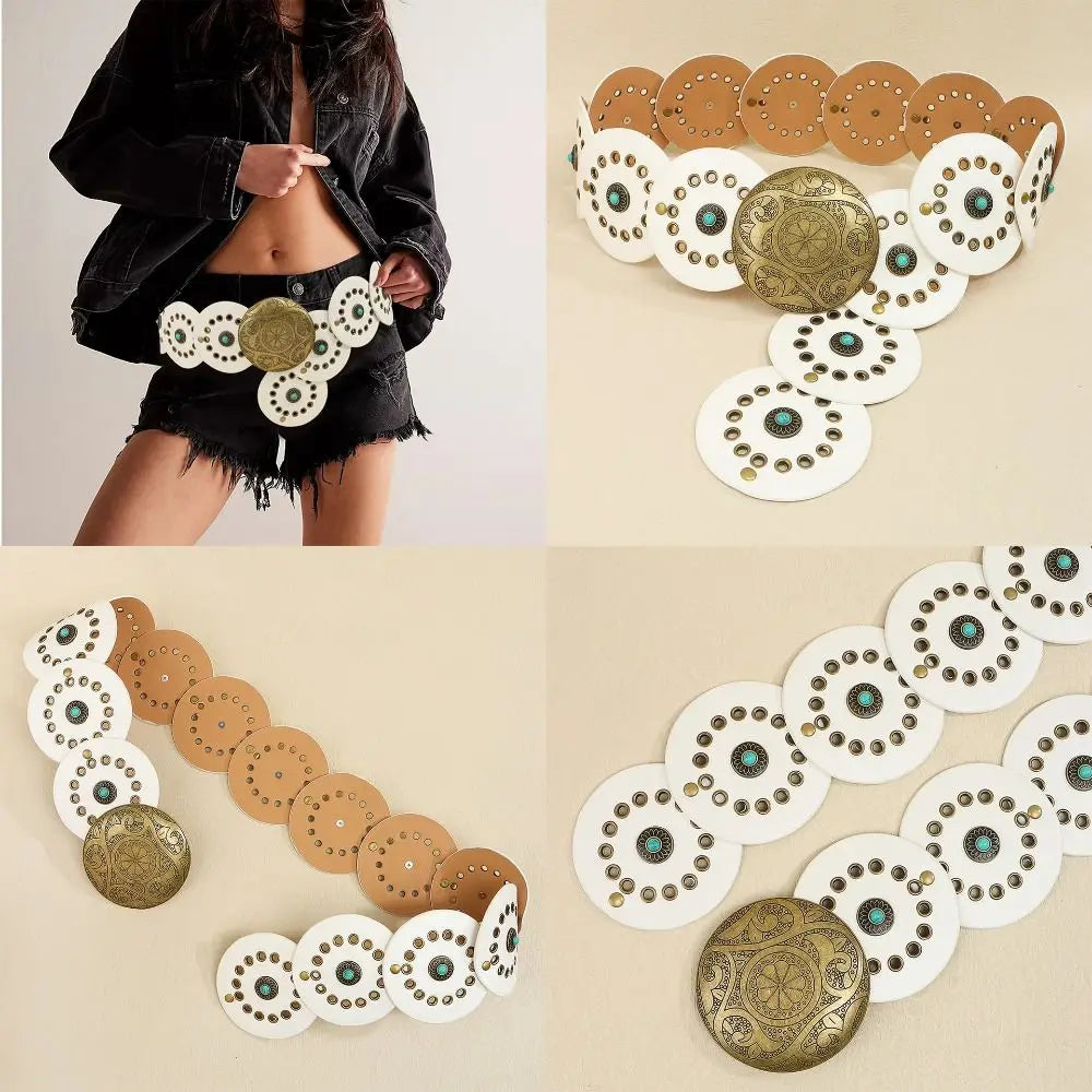 Exaggerated Wide Boho Disc Belt Rivet Turquoise Carved Buckle Waist Belt Adjustable Alloy Western Leather Waistband Cowgirl