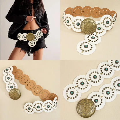 Exaggerated Wide Boho Disc Belt Rivet Turquoise Carved Buckle Waist Belt Adjustable Alloy Western Leather Waistband Cowgirl