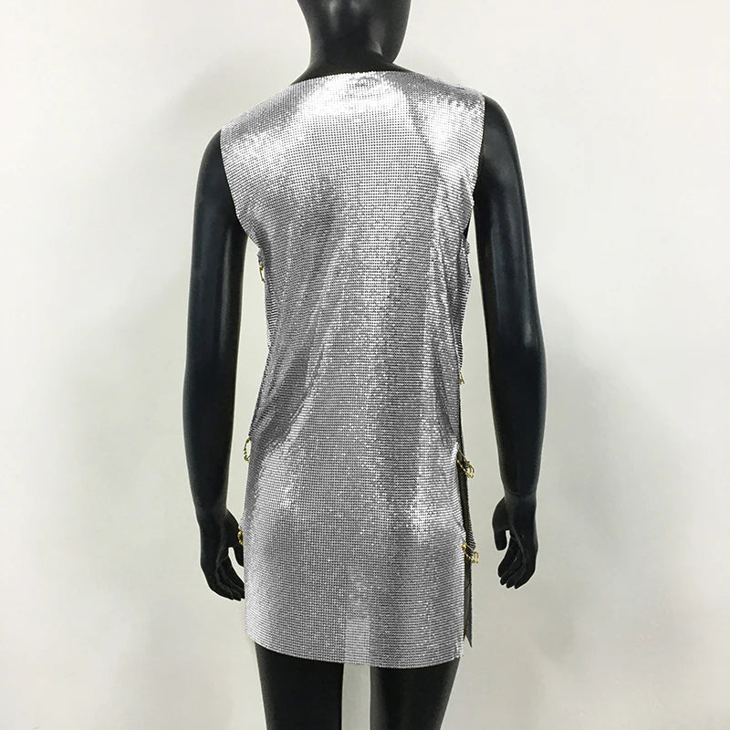 Shiny Y2k Metallic Sequins Mini Dresses For Women Sleeveless Backless Sexy Low Cut See Through Sexy Solid Clubwear Party Dress