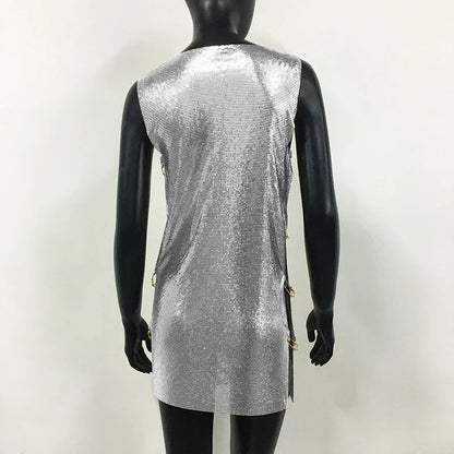 Shiny Y2k Metallic Sequins Mini Dresses For Women Sleeveless Backless Sexy Low Cut See Through Sexy Solid Clubwear Party Dress