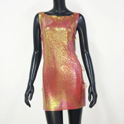 Shiny Y2k Metallic Sequins Mini Dresses For Women Sleeveless Backless Sexy Low Cut See Through Sexy Solid Clubwear Party Dress