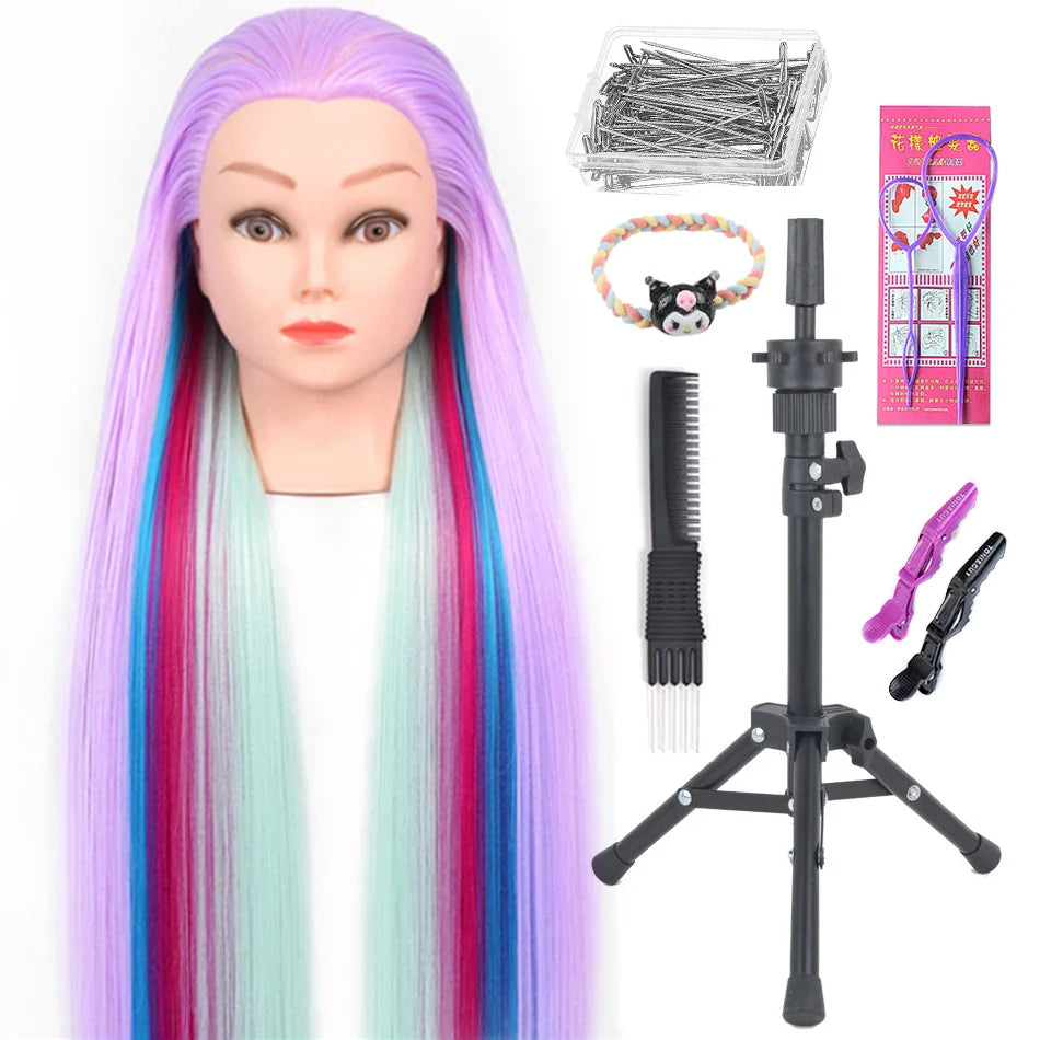 Tête de mannequin à cheveux longs synthétiques avec support de trépied de perruque réglable Modèle avec tête de mannequin Formation de coiffeur coiffant