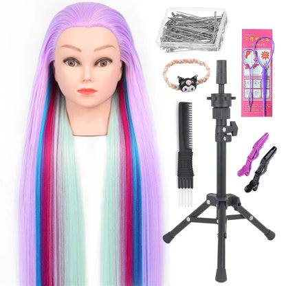 Tête de mannequin à cheveux longs synthétiques avec support de trépied de perruque réglable Modèle avec tête de mannequin Formation de coiffeur coiffant
