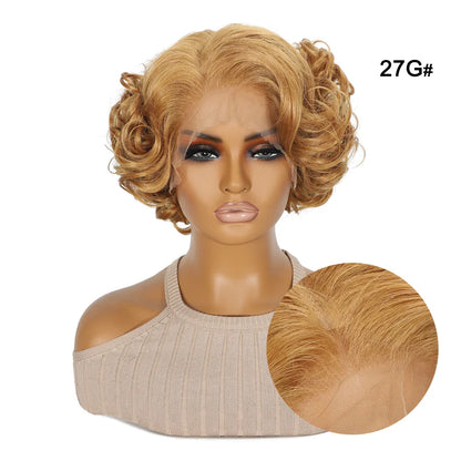 10 Inch Short Curly Wavy Blonde Black Grey Synthetic Wig for Women Natural Look T-Part Lace Front Hair Replacement