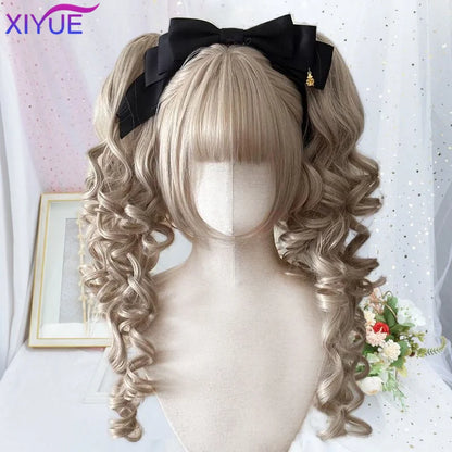 Perruque Lolita synthétique coupe princesse avec double queue de cheval et frange pour fille, couleurs ombrées blond marron blanc gris, pour Cosplay Halloween Harajuku