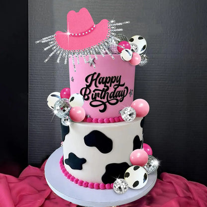 Hot Pink Cowgirl Cake Topper, Glitter Cowgirl Hat, Disco Balls for Western Theme Party, Birthday Party Supplies
