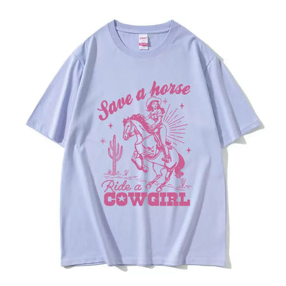 T-shirt décontracté unisexe en coton imprimé "Save A Horse Ride A Cowgirl", style rétro esthétique, Streetwear mode