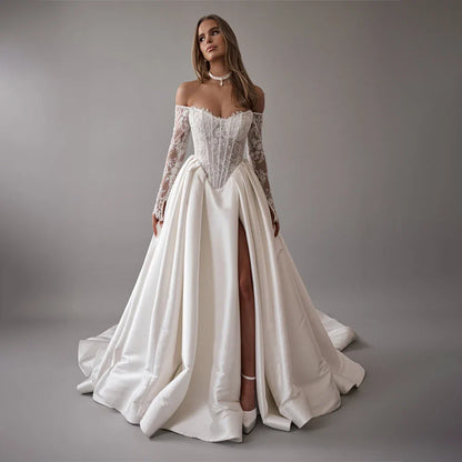 Customized Lace For Sweetheart And 3/4 Sleeve A-Line Satin Skirt Wedding Dress Backless Zipper Bridal Gown robe de mariée