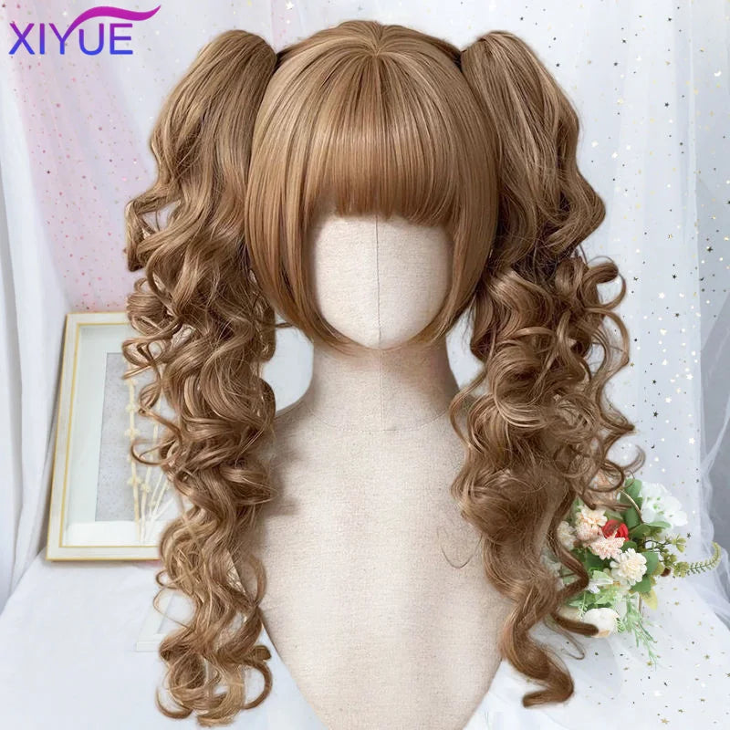 Perruque Lolita synthétique coupe princesse avec double queue de cheval et frange pour fille, couleurs ombrées blond marron blanc gris, pour Cosplay Halloween Harajuku