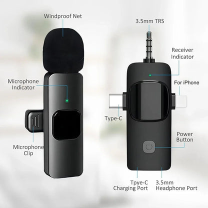 Basix Microphone cravate sans fil professionnel 4 en 1 pour iPhone Android 3,5 mm pour enregistrement en direct, suppression du bruit, mini microphone