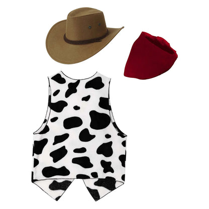 Mens Western Cowboy Cosplay Costume Suit with Hat And Print Bandanna Cow Printed Flannel Waistcoat for Halloween Carnival Party