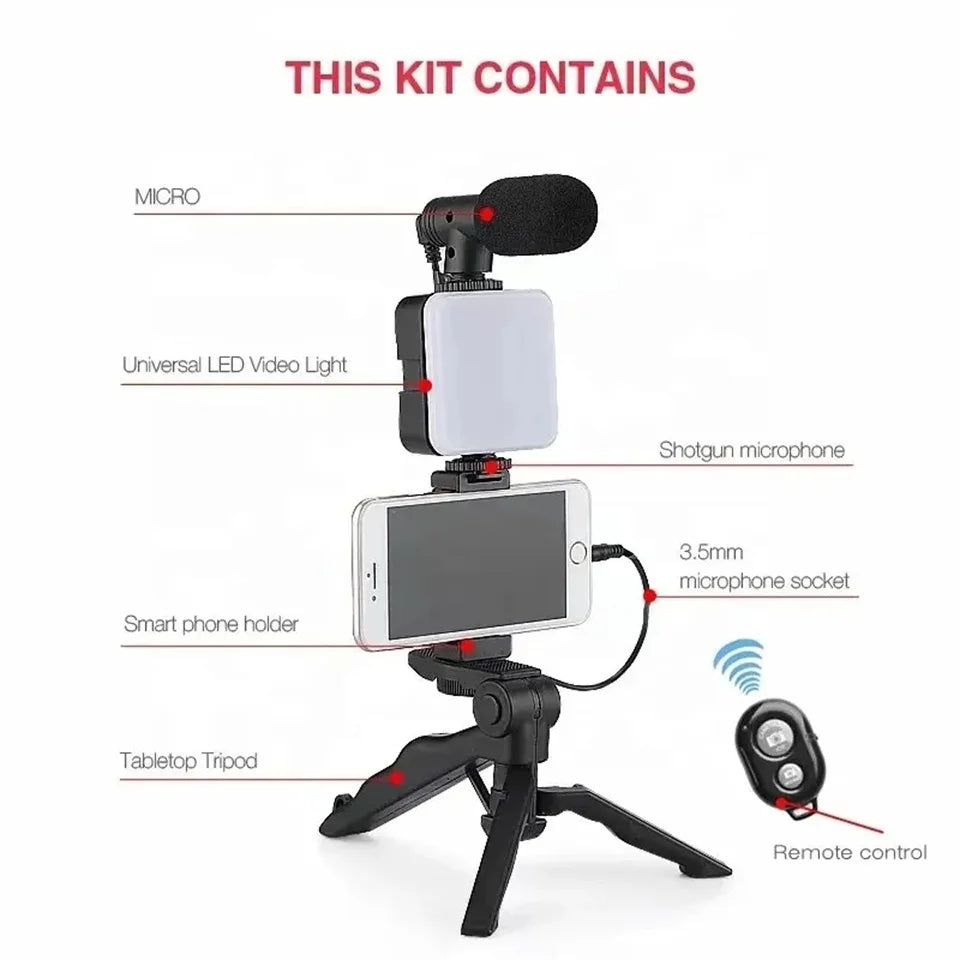 Smartphone VzonKit avec trépied, support de téléphone, mini microphone, lumière de remplissage LED, démarreur pour TikTok, diffusion en direct, vidéo prometteuse