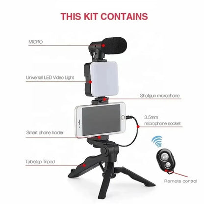 Smartphone VzonKit avec trépied, support de téléphone, mini microphone, lumière de remplissage LED, démarreur pour TikTok, diffusion en direct, vidéo prometteuse