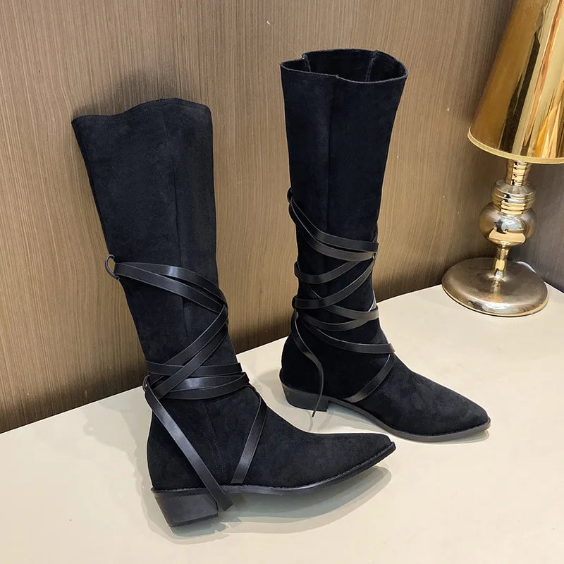 Matte Leather Gothic Western Cowboy Boots Women's Fashion Autumn New Style Pointed Toe Lace-up Retro High Top Flat Heel Boots