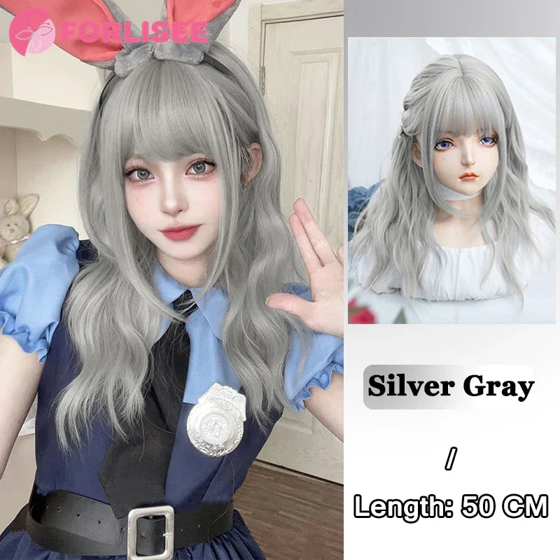 Pink Blonde Highlights Long Wavy Wig Synthetic Colorful Lolita Cosplay Hair Wigs with Bangs for Women Heat Resistant Daily Use