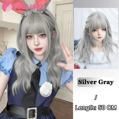 Pink Blonde Highlights Long Wavy Wig Synthetic Colorful Lolita Cosplay Hair Wigs with Bangs for Women Heat Resistant Daily Use