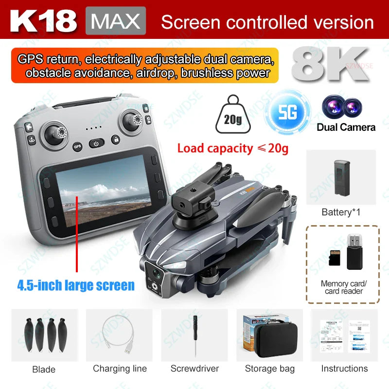 K18 Max RC Drone 8K double caméra sans brosse GPS 5G évitement d'obstacles pliable télécommande UAV grand écran quadrirotor VS K19