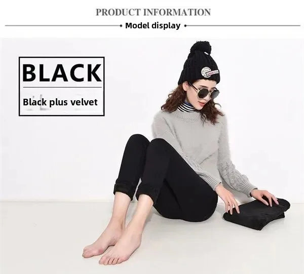 WinterFleece-Lined Thickened High-Waisted Jeans Women's Korean Style Black Slimming Trousers Student Elastic Long Pants