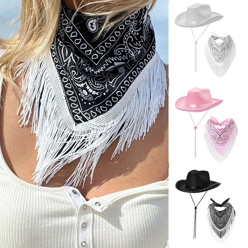 Costume de cowgirl à franges pour enterrement de vie de jeune fille, chapeau de cowboy, bandana imprimé, costumes de fête nuptiale pour femmes, costume de boîte de nuit