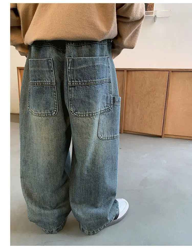 Salopette en jean coréenne pour enfants printemps automne décontractée, pantalon en jean large, jean large pour enfants, pantalon ample streetwear