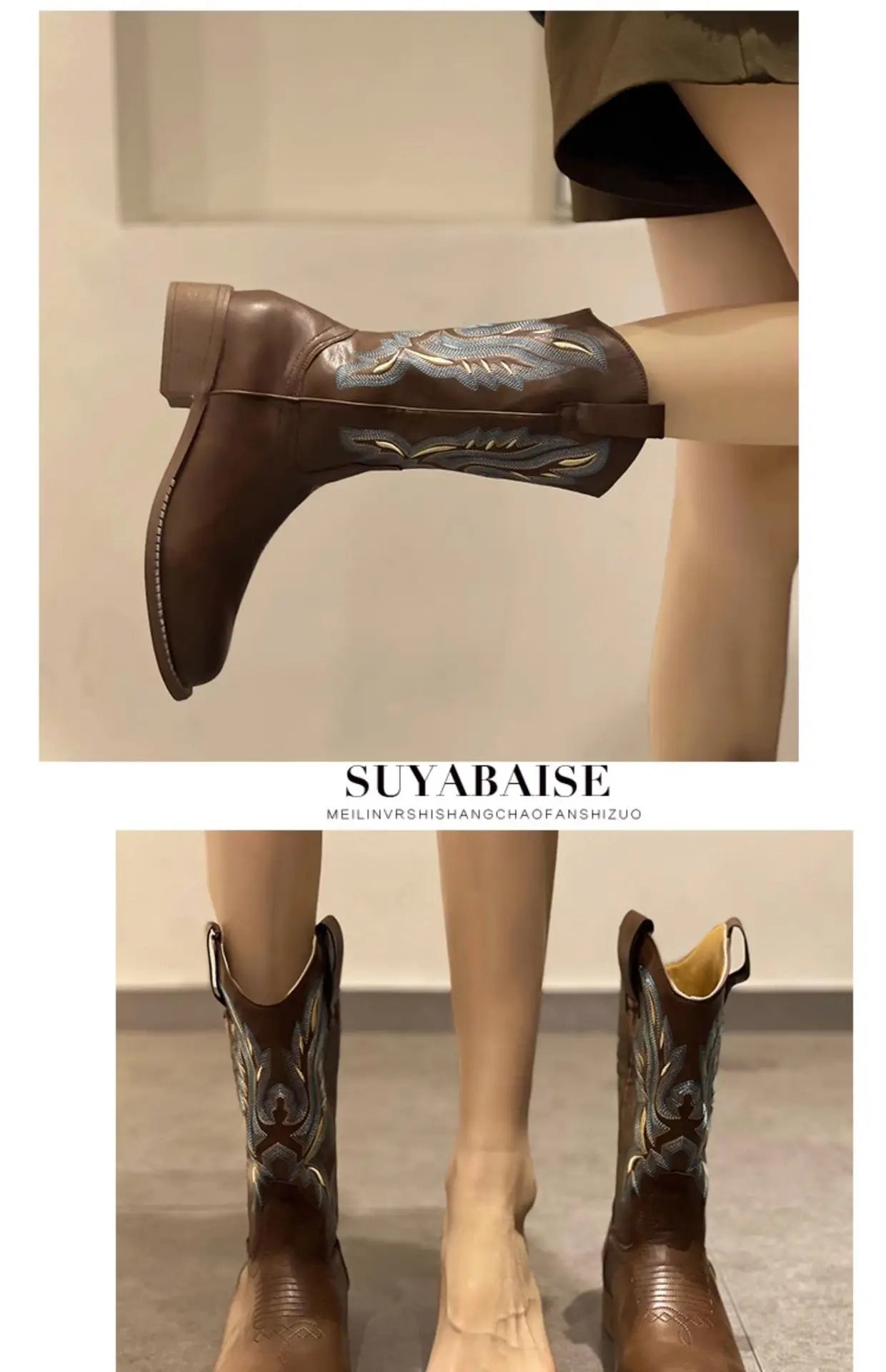 Versatile Western Cowboy Boots Summer Coarse Heel Embroidered Sleeve Knight Boots Mid Barrel Square Head Horseshoe Large