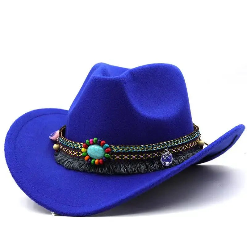 Western Cowboy Wool Hat with Pompom, Montana Sombrero Belt for Men and Women, Cowgirl, Solid Color, Jazz, Stylish Hollow Design for Lady