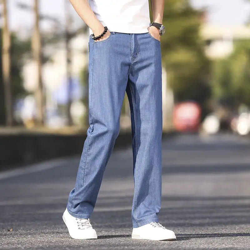 Jeans d'été élastiques en coton pour hommes - Mode bleu, confortables, décontractés, coupe droite, marque, vêtements masculins, pantalons