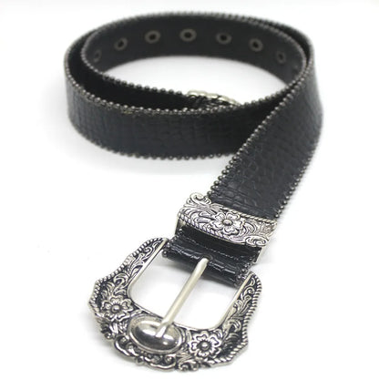 Ceinture Western en Cuir PU Femme Homme Cowboys Unisexe avec Boucle Métallique Gravée