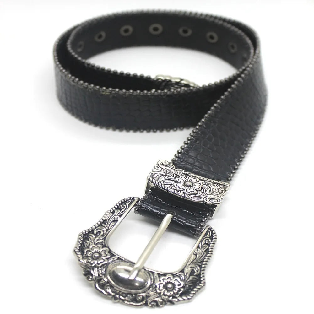 Ceinture Western en Cuir PU Femme Homme Cowboys Unisexe avec Boucle Métallique Gravée