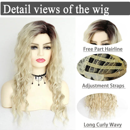 Perruque blonde bouclée cheveux synthétiques longs naturels perruques ondulées pour femmes blanches, raie libre, racines foncées, perruques ombrées, perruque ondulée tendance + autocollants