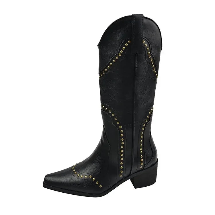 2025 New Women's Boots Low Heel Cowboy Western Short Leather Knee High Luxury Designer Gothic New Rock Shoes Vintage