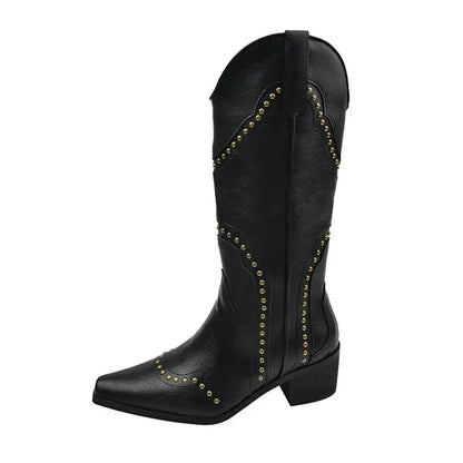 2025 New Women's Boots Low Heel Cowboy Western Short Leather Knee High Luxury Designer Gothic New Rock Shoes Vintage