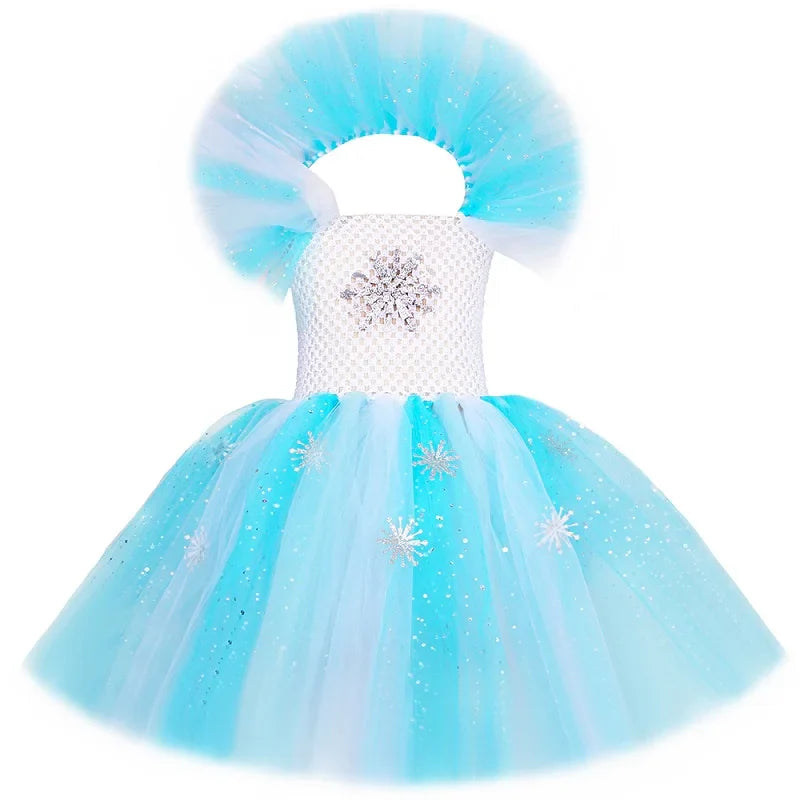 Elsa Costume for Girls Glitter Fancy Princess Dress Up Clothes Snowflake Tulle Tutu Dress Kids Halloween Birthday Dresses Outfit