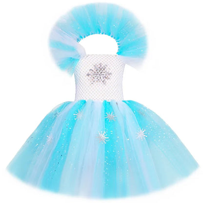Elsa Costume for Girls Glitter Fancy Princess Dress Up Clothes Snowflake Tulle Tutu Dress Kids Halloween Birthday Dresses Outfit