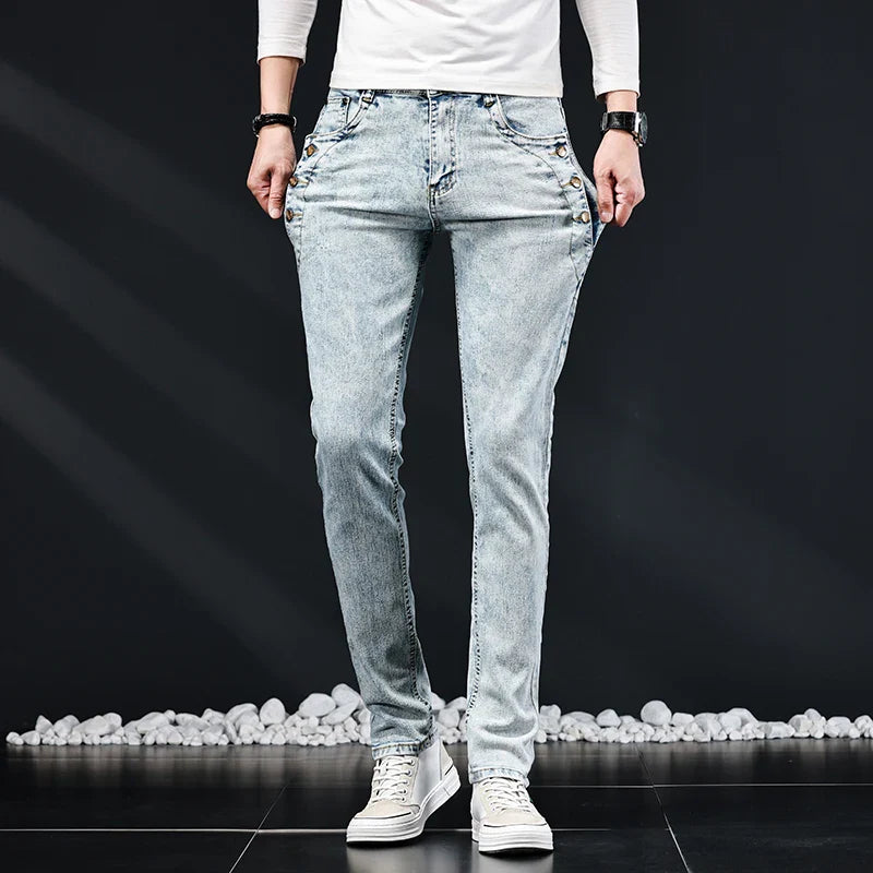 Slim Skinny Jeans Men New Elastic Korean Design Fashion Multi-Button Blue White Vintage Wash Cotton Stretch Denim Pants Trousers