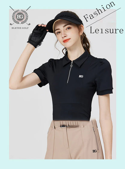 Blktee Slim Zipper Collar Golf Shirts Women Puff Short-sleeved Tops Ladies High Waist Golf Skirts Pleated Skorts with Ball Bag