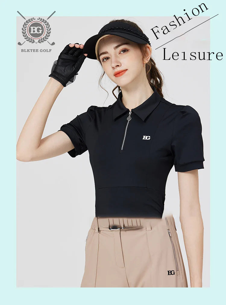 Blktee Slim Zipper Collar Golf Shirts Women Puff Short-sleeved Tops Ladies High Waist Golf Skirts Pleated Skorts with Ball Bag