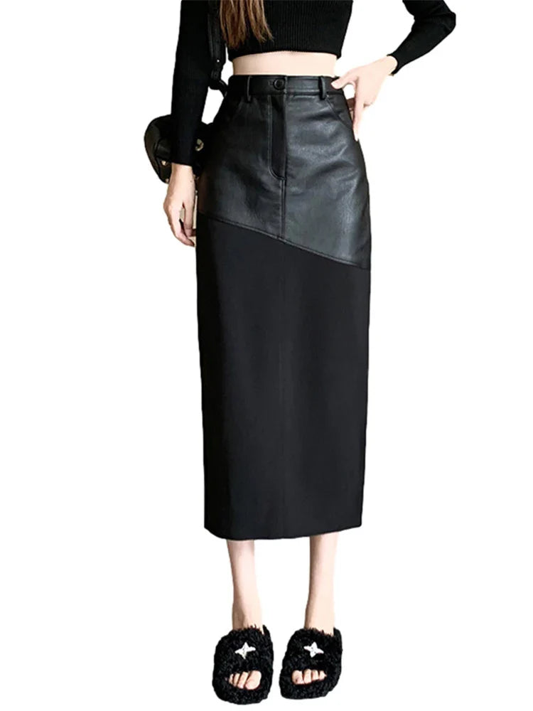 Lautaro Spring Autumn Black Long Midi Patchwork Pu Leather Pencil Skirt Women with Back Slit High Waist Luxury Designer Clothes