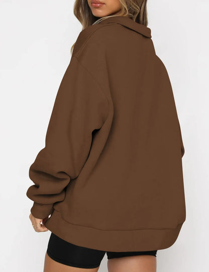 Women Sweatshirts Turn Down Collar Zipper Pullovers Long Sleeve Spliced Thick Warm Sweatshirt Outwear Autumn Winter 2024