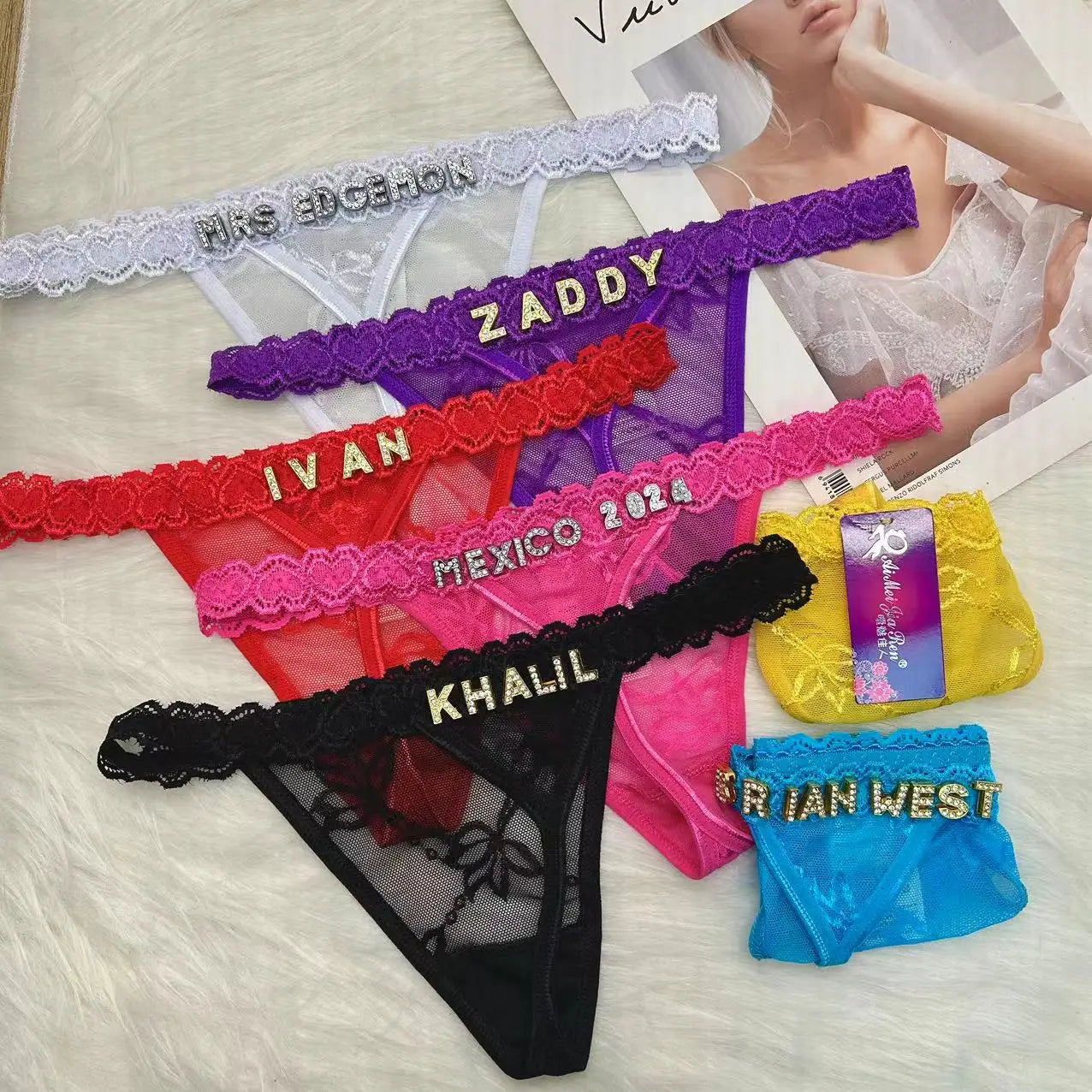 Tongs personnalisées avec nom pour petit ami, lettre en cristal, bijoux de corps pour femmes, Bikini Sexy en dentelle, culotte string, cadeau de saint valentin