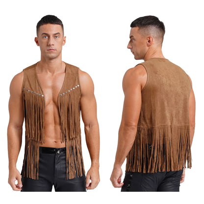 Gilet de cow-boy Western Halloween pour homme, en similicuir suédé, à pampilles et rivets, pour le motocyclisme, les raves, les fêtes et les boîtes de nuit
