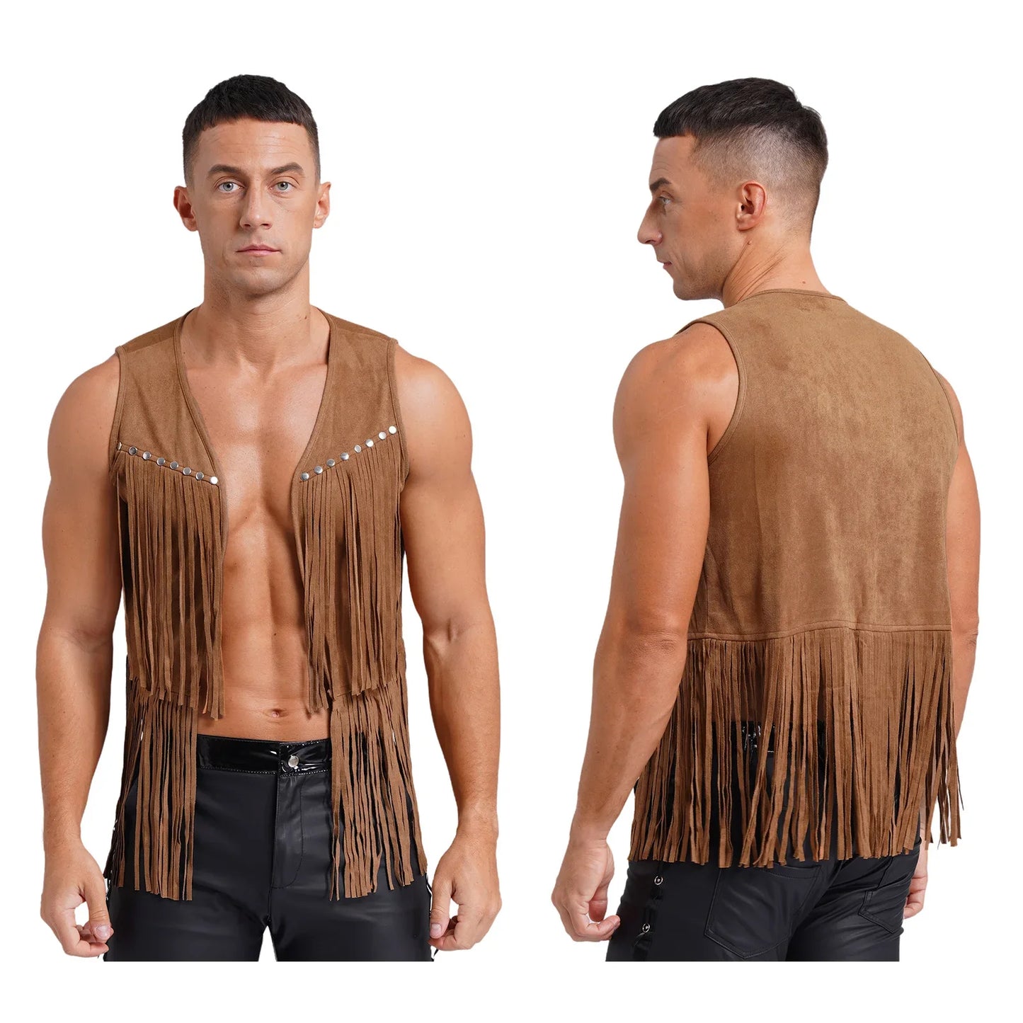 Men Halloween Western Cowboy Cosplay Costume Faux Suede Tassel Rivets Vest Waistcoat Motorcycling Rave Party Nightclub Outerwear