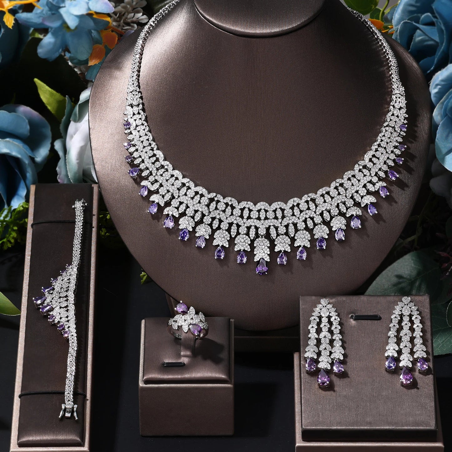 2024 Hot selling 4-piece Bride Wedding Jewelry Set with Cubic Zirconia Dubai Luxury Jewelry Set