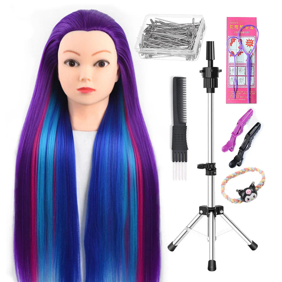 Tête de mannequin à cheveux longs synthétiques avec support de trépied de perruque réglable Modèle avec tête de mannequin Formation de coiffeur coiffant