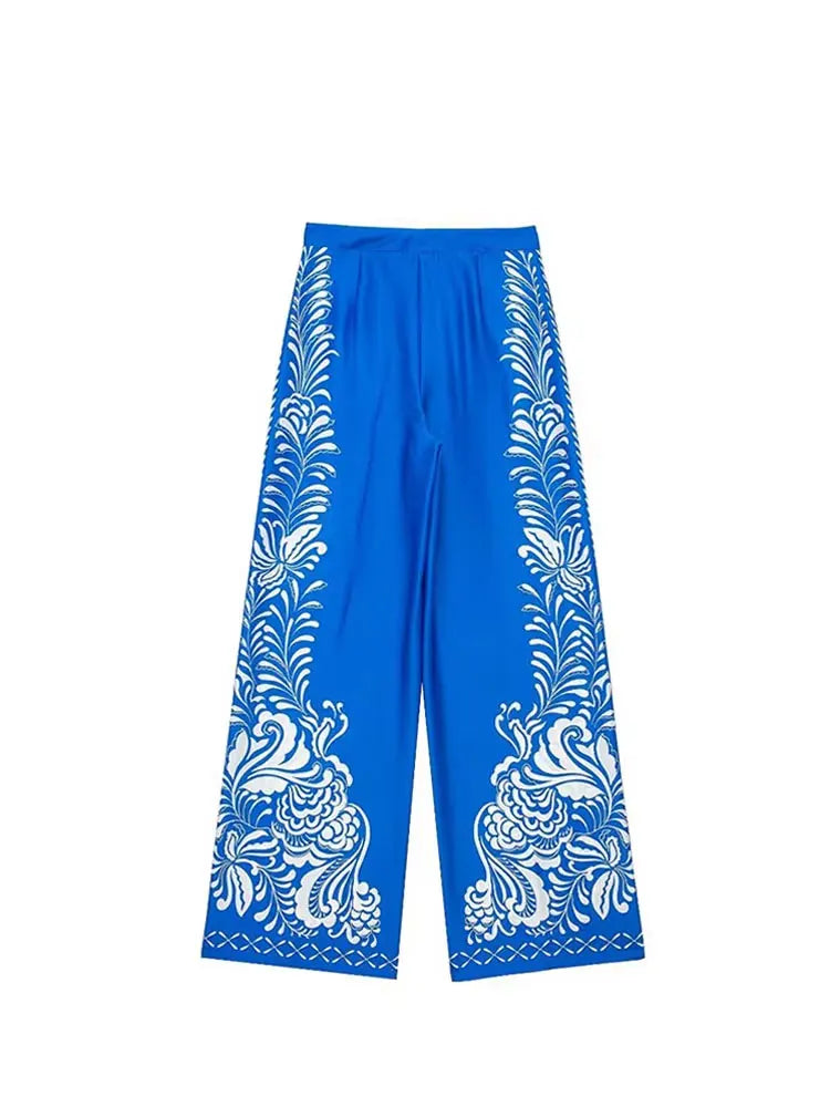 TRAFZA Woman Fashion Spring Wide Leg Pants Blue Print High Waist Pockets Button Zipper Trousers Female Bohemian Style Long Pants