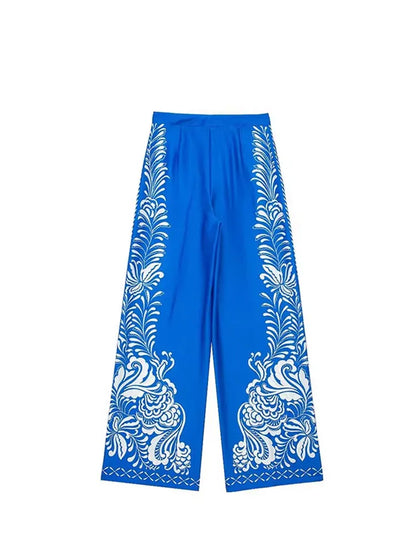 TRAFZA Woman Fashion Spring Wide Leg Pants Blue Print High Waist Pockets Button Zipper Trousers Female Bohemian Style Long Pants